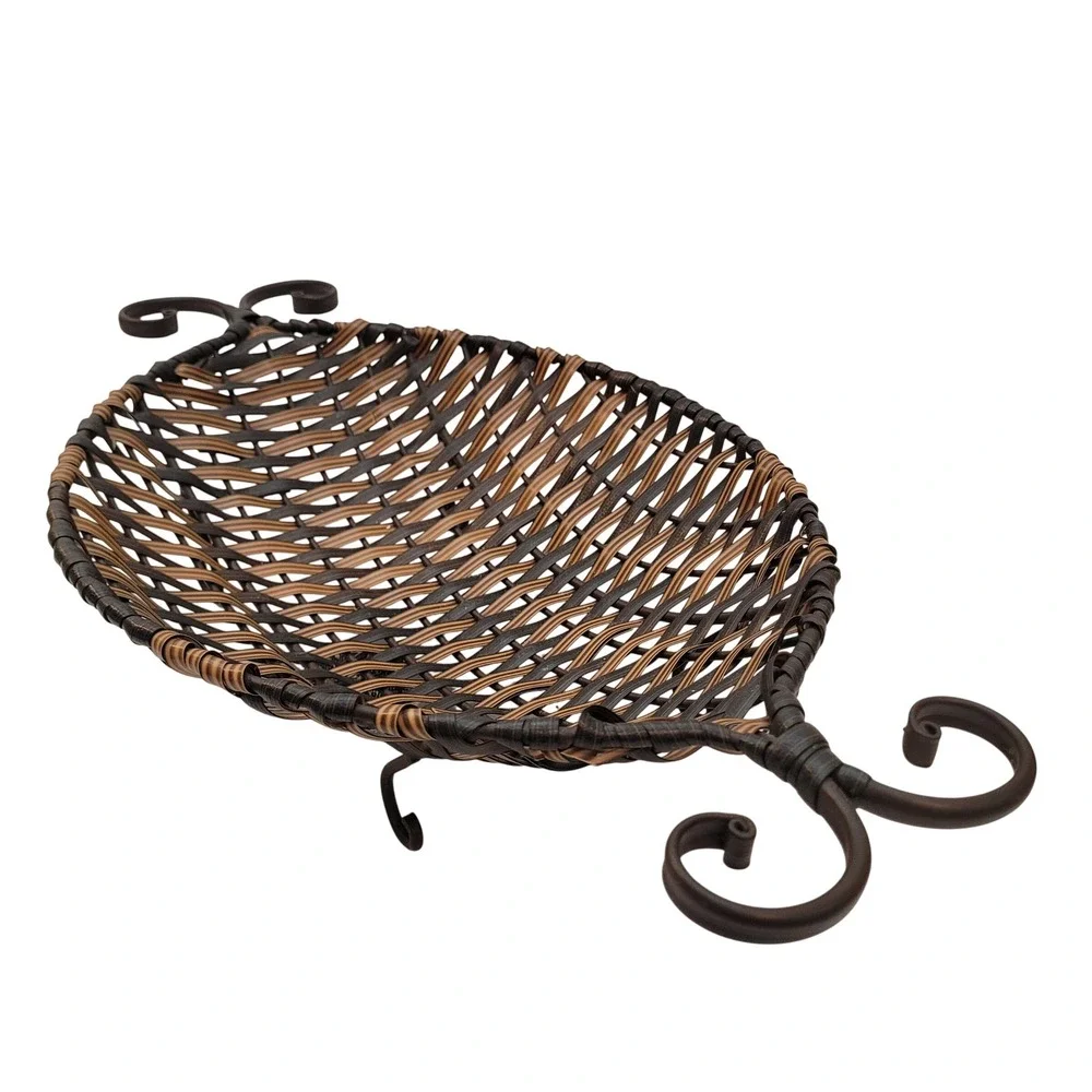 Unbranded Woven Metal Footed Basket Home Decor Brown‎ Black Scroll Handles